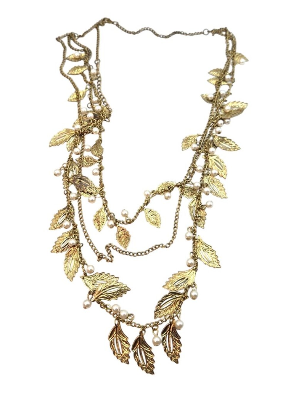 Goldtone Leaf Fringe Necklace With Pearl Accents